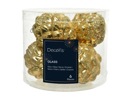 Kaemingk Pinecone Glass Shiny/Matt Glitter Mix Light Gold 5cm Tube Of 6