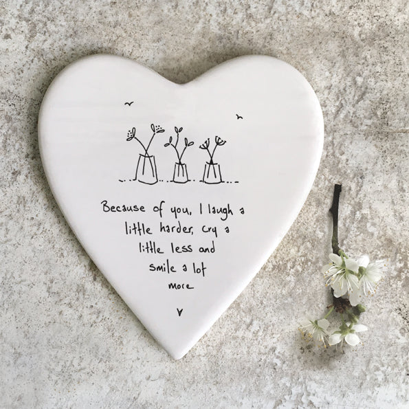 East Of India Porcelain Heart Coaster 'Because Of You'