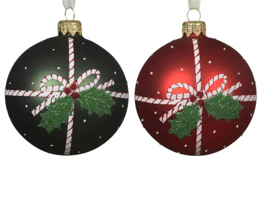 Decoris Glass Bauble Bow & Holly 8cm Single Assorted