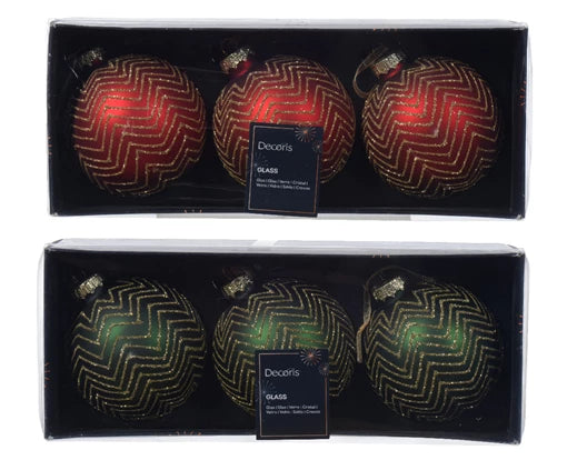 Kaemingk Bauble Glass Matt/Glitter Stripes All Over Box of 3 Assorted
