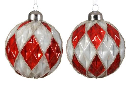 Kaemingk Bauble Glass Shiny Enamel Color Christmas Red Checkers Dia.8cm