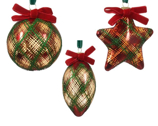 Kaemingk Ornament Glass Check/Glitter Oxblood Velvet Bow Assorted