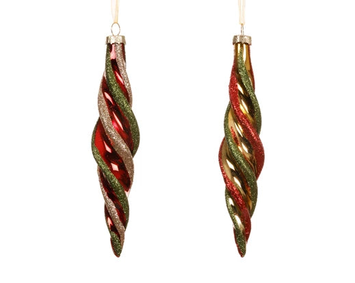 Kaemingk Ornament Glass Gold/Green Bead Swirls/Red/Green Bead Swirls 2 Assorted