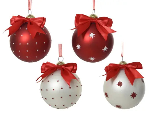 Decoris Baubles Glass Red or White with Red Bow 8cm Single Assorted