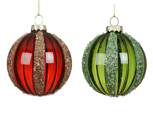Decoris Glass Frosted Glitter Stripes Baubles 8cm Single Assorted