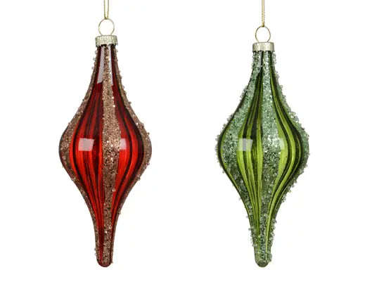 Decoris Olive Glass Frosted Glitter Stripes Baubles 14cm Single Assorted