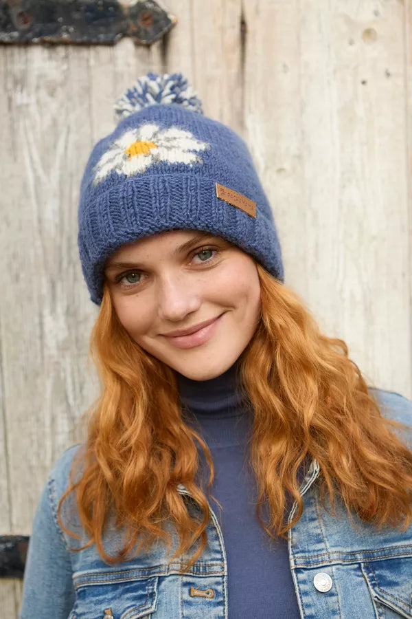 Pachamama Daisy Roll Back Bobble Beanie Denim
