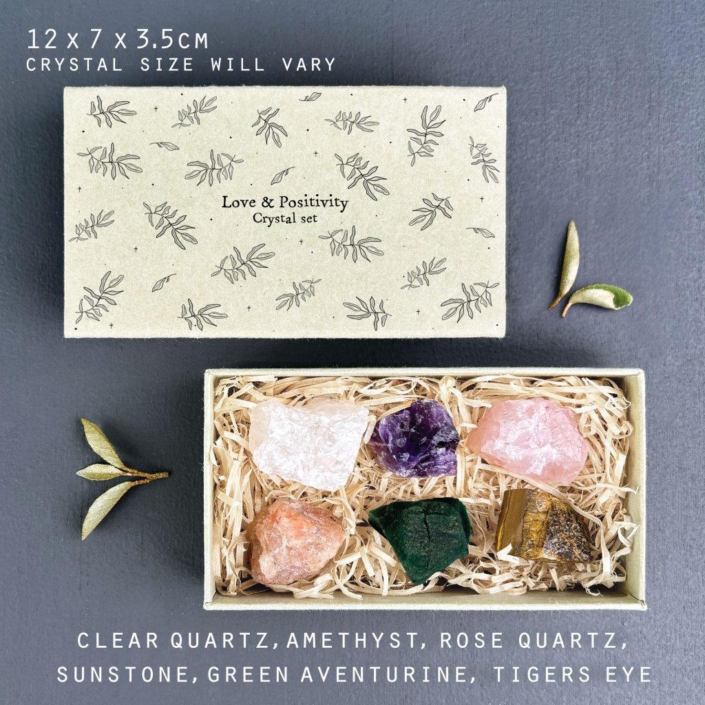 East of India Large Matchbox Crystal Set Love & Postitivity