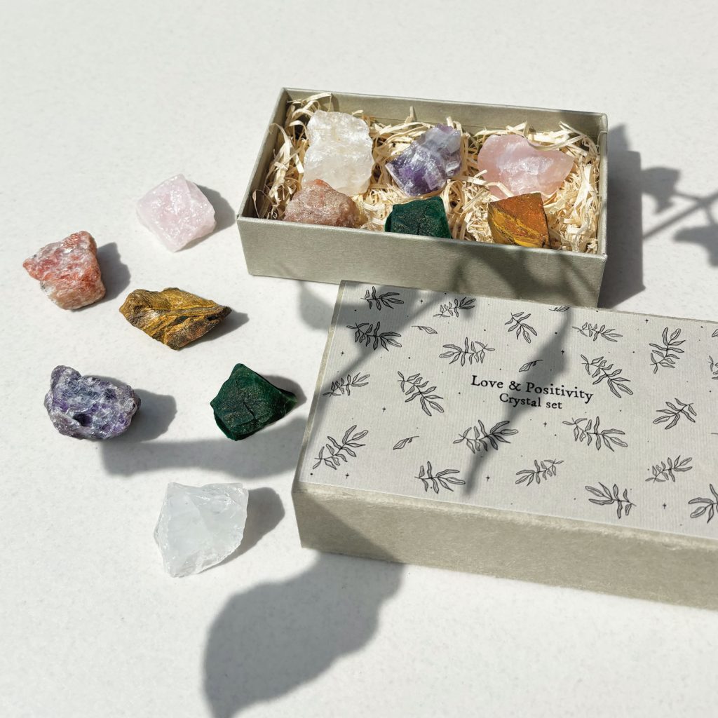 East of India Large Matchbox Crystal Set Love & Postitivity