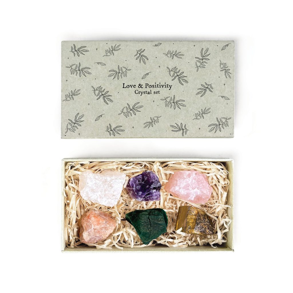 East of India Large Matchbox Crystal Set Love & Postitivity