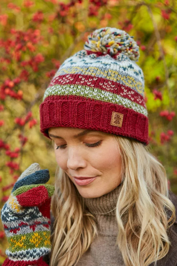 Pachamama Classic Fairisle Roll Back Bobble Beanie Rust