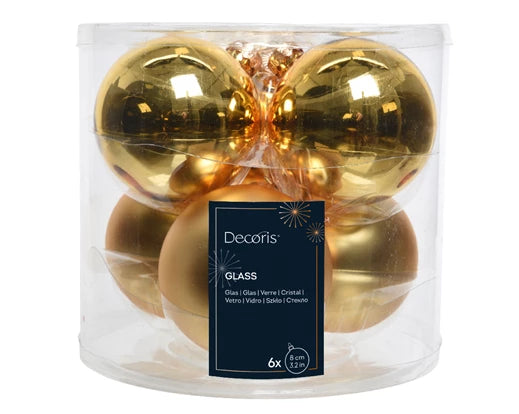 Kaemingk Baubles Glass Shiny/Matt Mix Light Gold 8cm Tube Of 6
