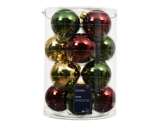 Kaemingk Baubles Glass Shiny Mix Pine Green/Mix Tube Of 16