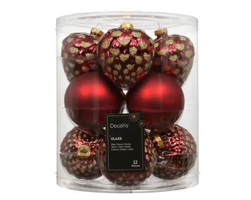 Decoris Baubles Glass Luxury Glitter Mix Oxblood 8cm 12pk