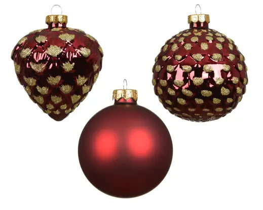 Decoris Baubles Glass Luxury Glitter Mix Oxblood 8cm 12pk
