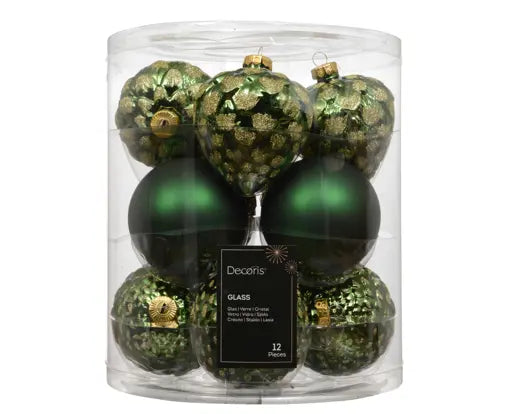 Decoris Baubles Glass Silver Inside With Luxury Glitter Mix Pine Green 8cm