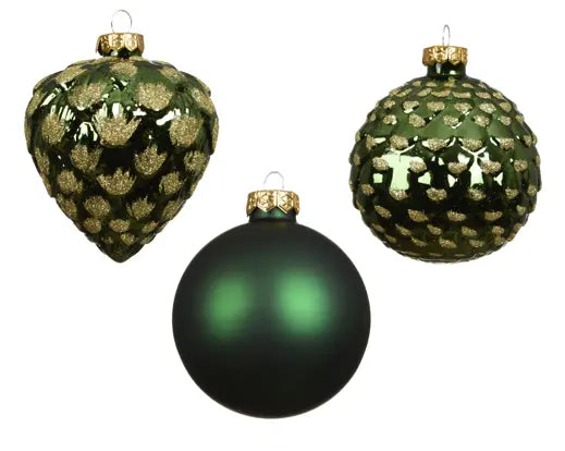 Decoris Baubles Glass Silver Inside With Luxury Glitter Mix Pine Green 8cm