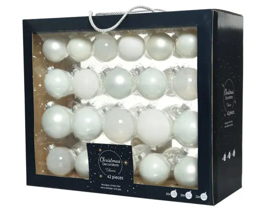 Baubles Glass Shiny, Matt & Glitter Winter White 42pk