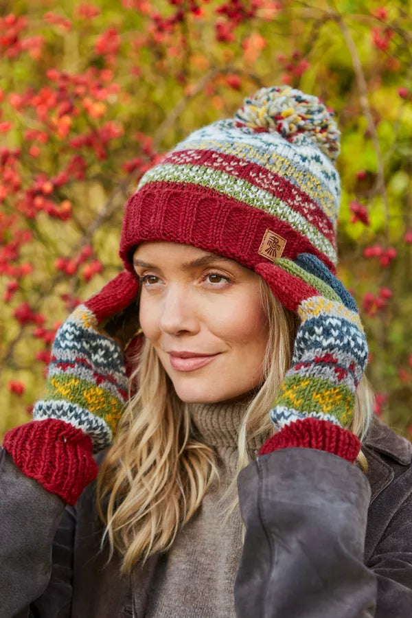 Pachamama Classic Fairisle Roll Back Bobble Beanie Rust