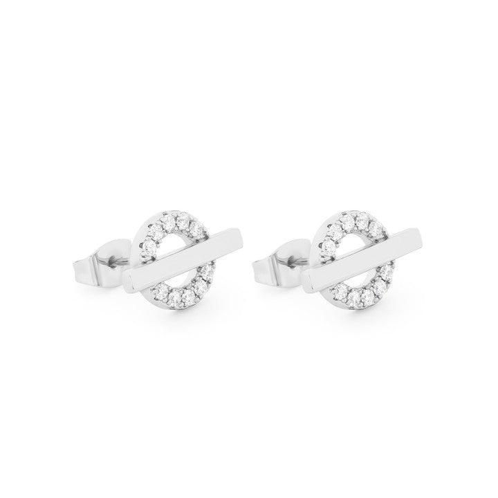 Tipperary T-Bar Stud Earrings Silver Circle Cubic Zirconia