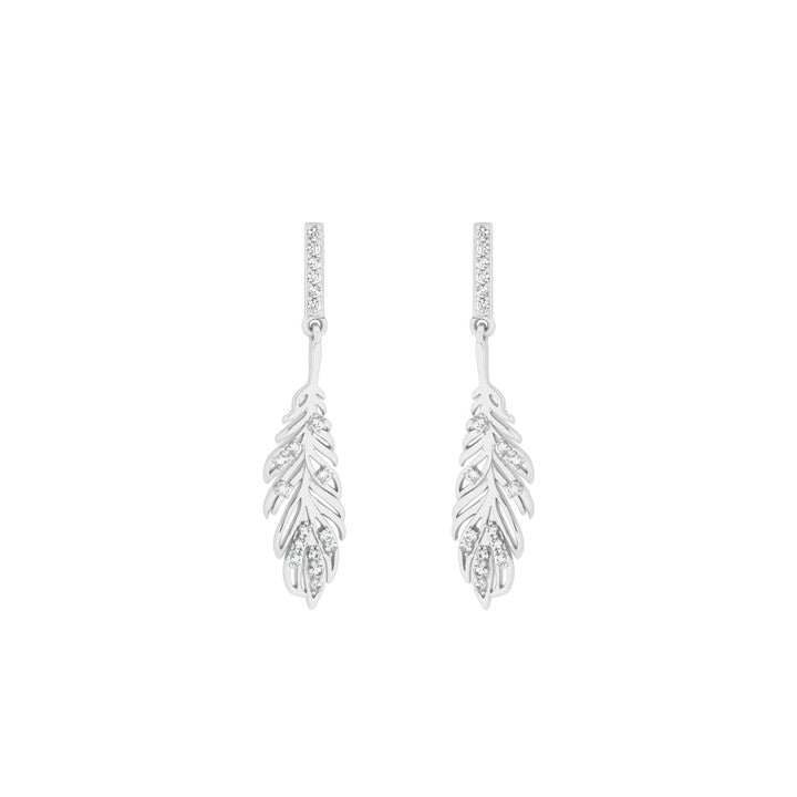 Tipperary Silver Feather Drop Earrings With Clear Cubic Zirconia