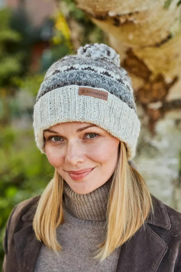 Pachamama Classic Fairisle Roll Back Bobble Beanie Natural