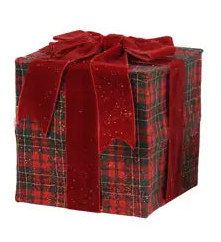 Three small decorative gift boxes in a red and green plaid pattern, each tied with a wide red velvet ribbon and bow, shown on a plain white background.