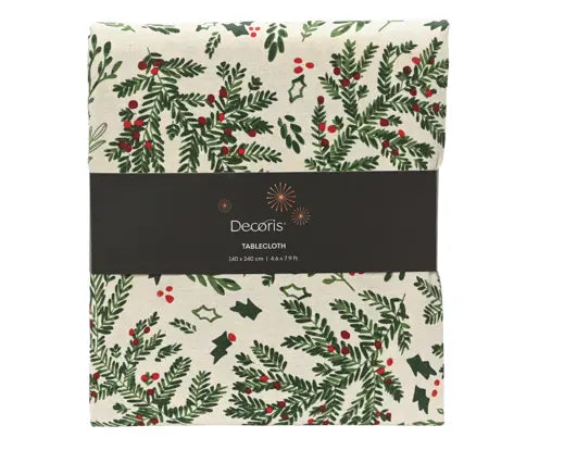 Decoris Cotton Tablecloth Misletoe And Holly Leaf White & Green 240cm x 140cm