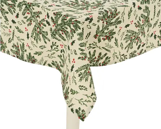 Decoris Cotton Tablecloth Misletoe And Holly Leaf White & Green 240cm x 140cm