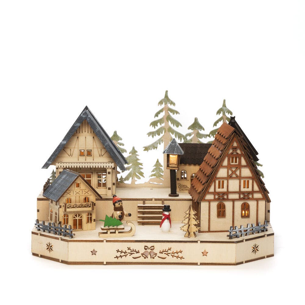 Konstsmide Wooden House Silhouette Snowman & Boy LED