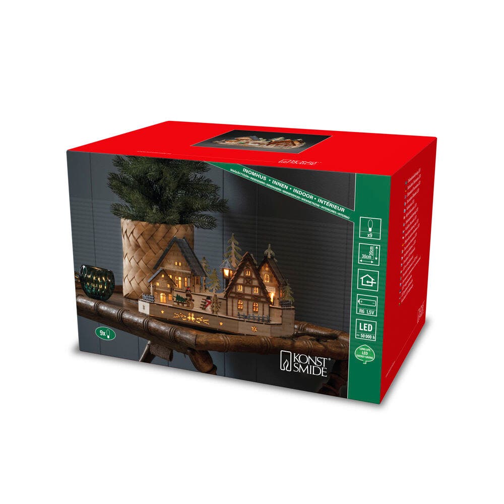 Konstsmide Wooden House Silhouette Snowman & Boy LED