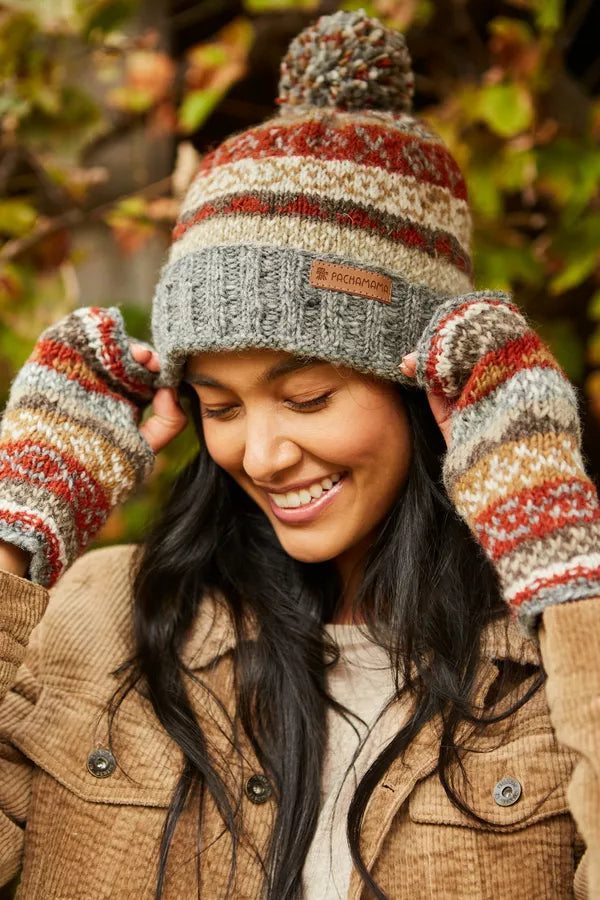 Pachamama Classic Fairisle Roll Back Bobble Beanie Grey