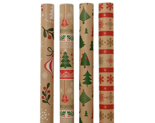 Decoris Giftwrapping Paper Kraft & Print 200cm x 70cm Single Roll Assorted