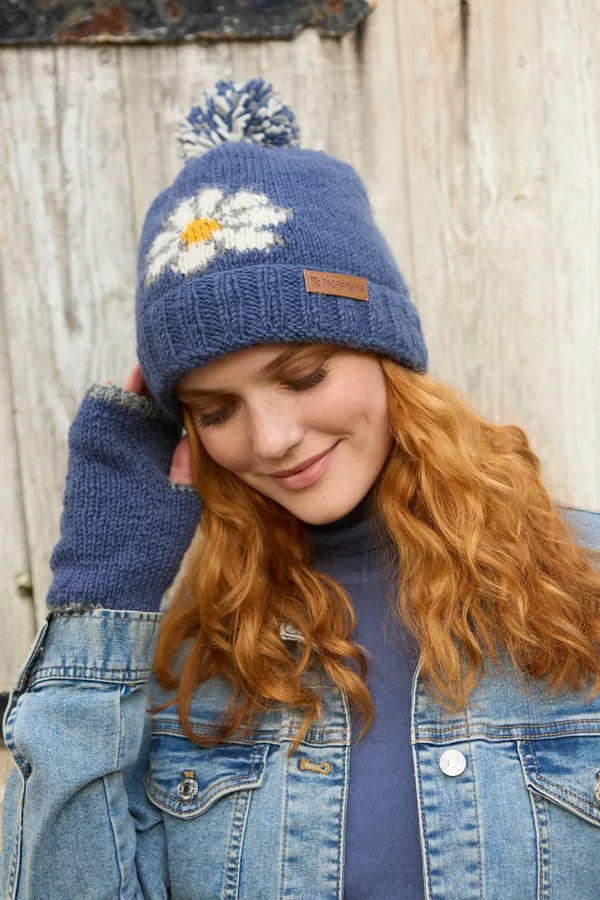 Pachamama Daisy Roll Back Bobble Beanie Denim