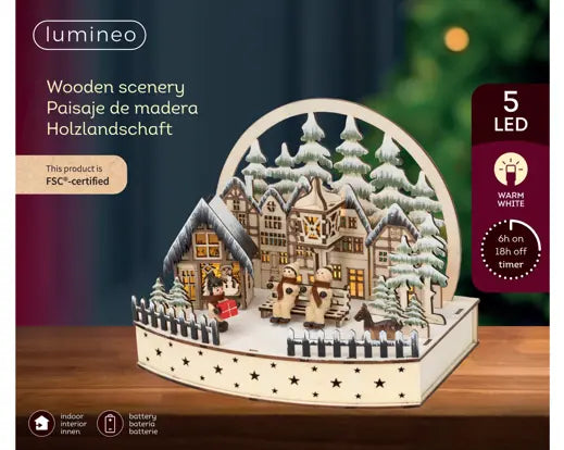 Lumineo Christmas Scene Wooden Model Light Up LED 15cm