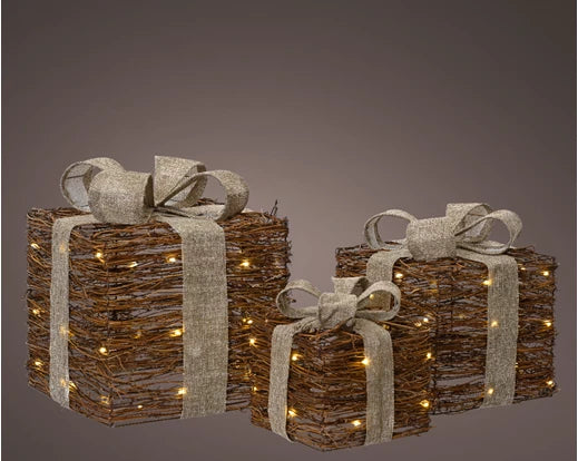 Kaemingk Micro LED Giftbox Rattan Brown/Warm White Set Of 3