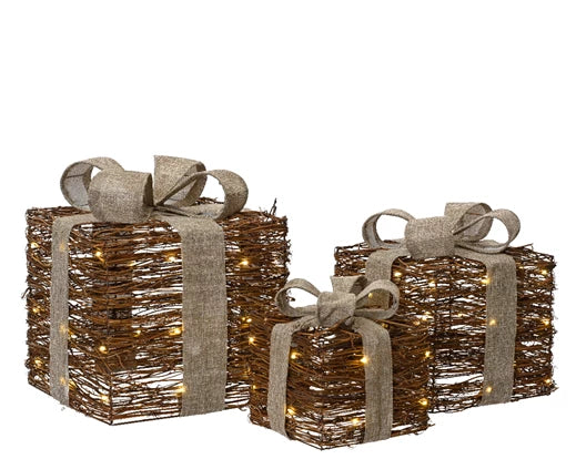 Kaemingk Micro LED Giftbox Rattan Brown/Warm White Set Of 3