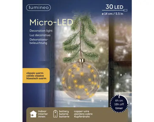 Lumineo Lit Glass Hanging Round Ornament Amber & Classic Warm 14cm