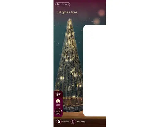 Micro LED Tree Glass Battery Silver/Warm White H24cm