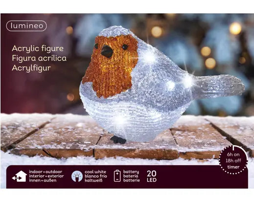 Lumineo Acrylic Light Up LED Robin Cool White Indoor/Outdoor 21cm