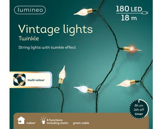 Lumineo Vintage LED Warm Tone Multi Colour String Lights With Twinkle Effect Green Cable