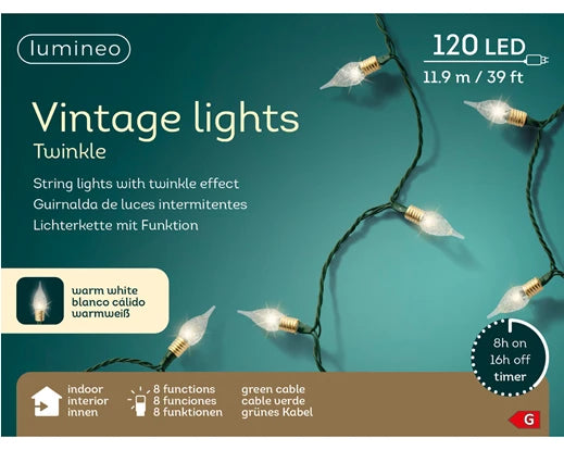 Lumineo Vintage LED Warm White String Lights With Twinkle Effect Green Cable