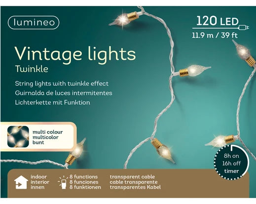 Lumineo Vintage LED Warm Tones Multi Colour String Lights With Twinkle Effect Clear Cable