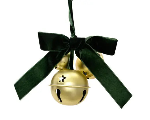 Decoris Gold Bells with Green Bow Hanging Decoration 13cm