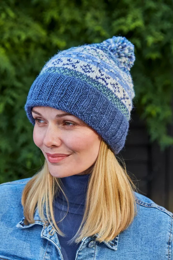 Pachamama Classic Fairisle Roll Back Bobble Beanie Denim