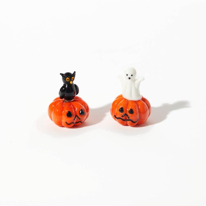 Glass Pumpkin With Owl Or Ghost In White Box Single