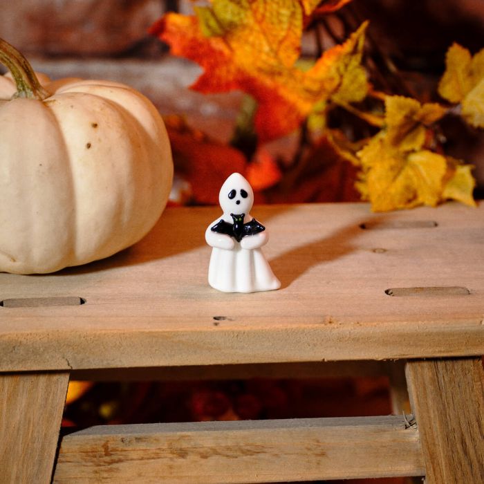 Glass Ghost Ornament With Black Bat Hand Blown