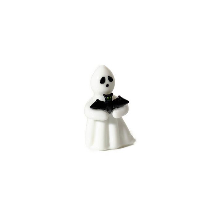 Glass Ghost Ornament With Black Bat Hand Blown