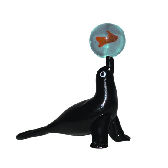 Objets d'Art Miniature Glass Ornament - Sea Lion with Fish