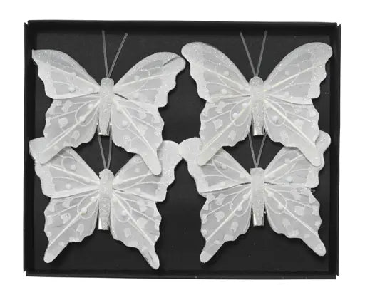 Butterfly Feather Plastic Bead On Clip Winter White 4pk